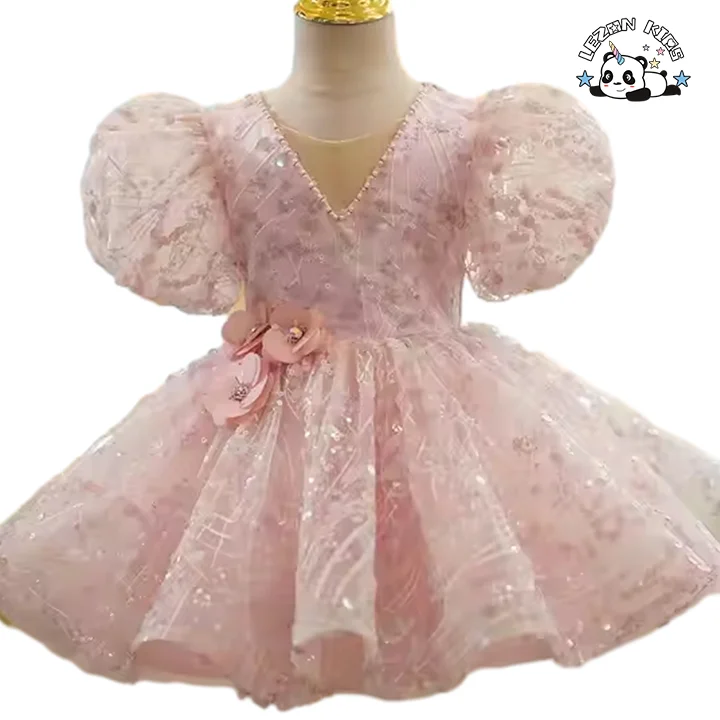 LEZONKIDS - Customizable Pink Princess Pattern Girl Dress Puff Sleeves Tulle Bow Ruffle Decorations Girl Dress